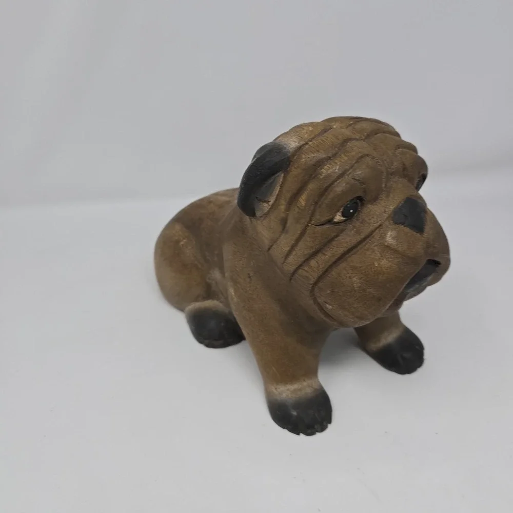 Vintage ARTISAN CRAFTED Hand-Carved Wood Bulldog Figure‎ 7 x 10